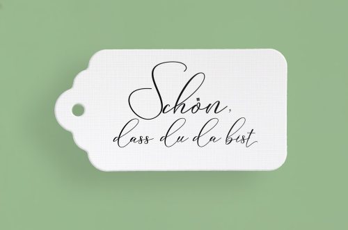 10 weiße Etiketten - Schön, dass Du da bist - Geschenkanhänger aus Leinenpapier